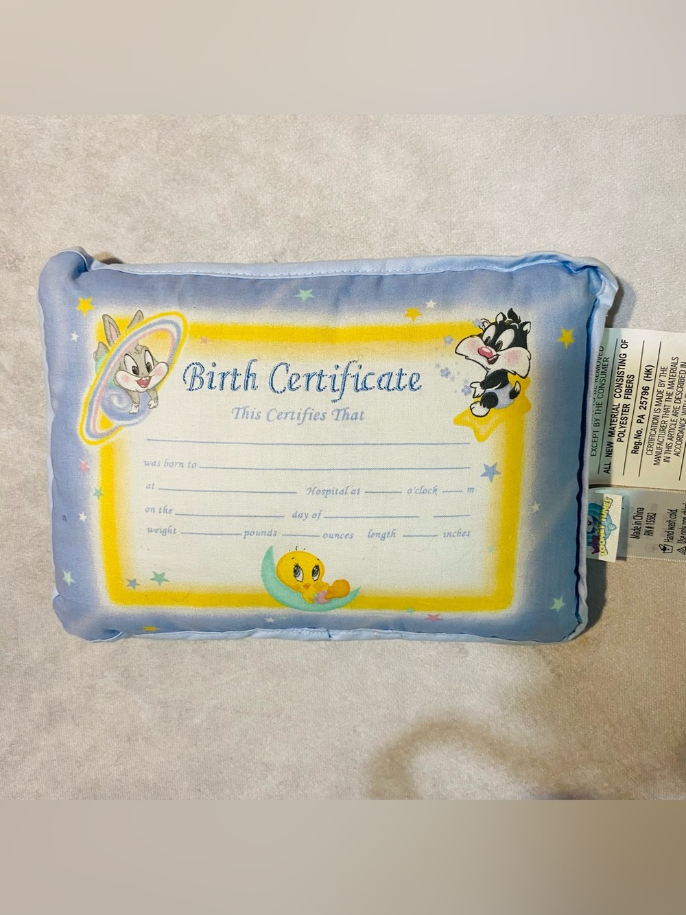 Vintage Baby Looney Tunes Birth Certificate Pillow Baby Keepsake